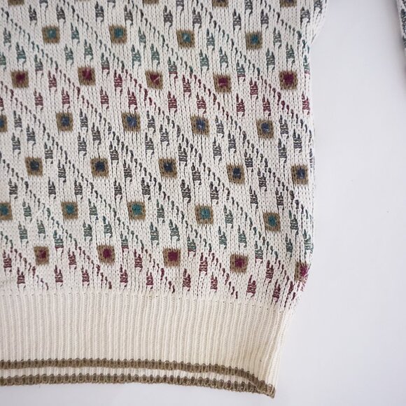VTG Expressions Ivory Cotton Patterned Knit Retro Cabincore Eclectic Sweater L - Picture 5 of 12